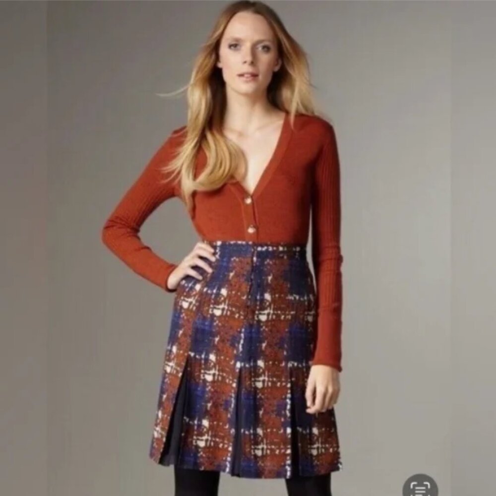 Tory Burch Hull Wool and Silk Pleated A-Line Skirt Blue Blackwatch Plaid 4